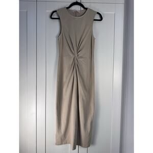 Mango Midi Dress Womens Medium Beige Twist Front Sleeveless Minimalist Bodycon